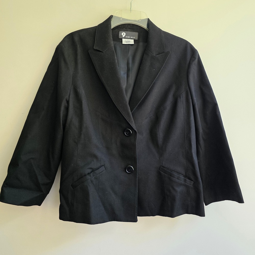 Nine West Womens Black Two Button Textured Blazer Jacket XL Professional Office